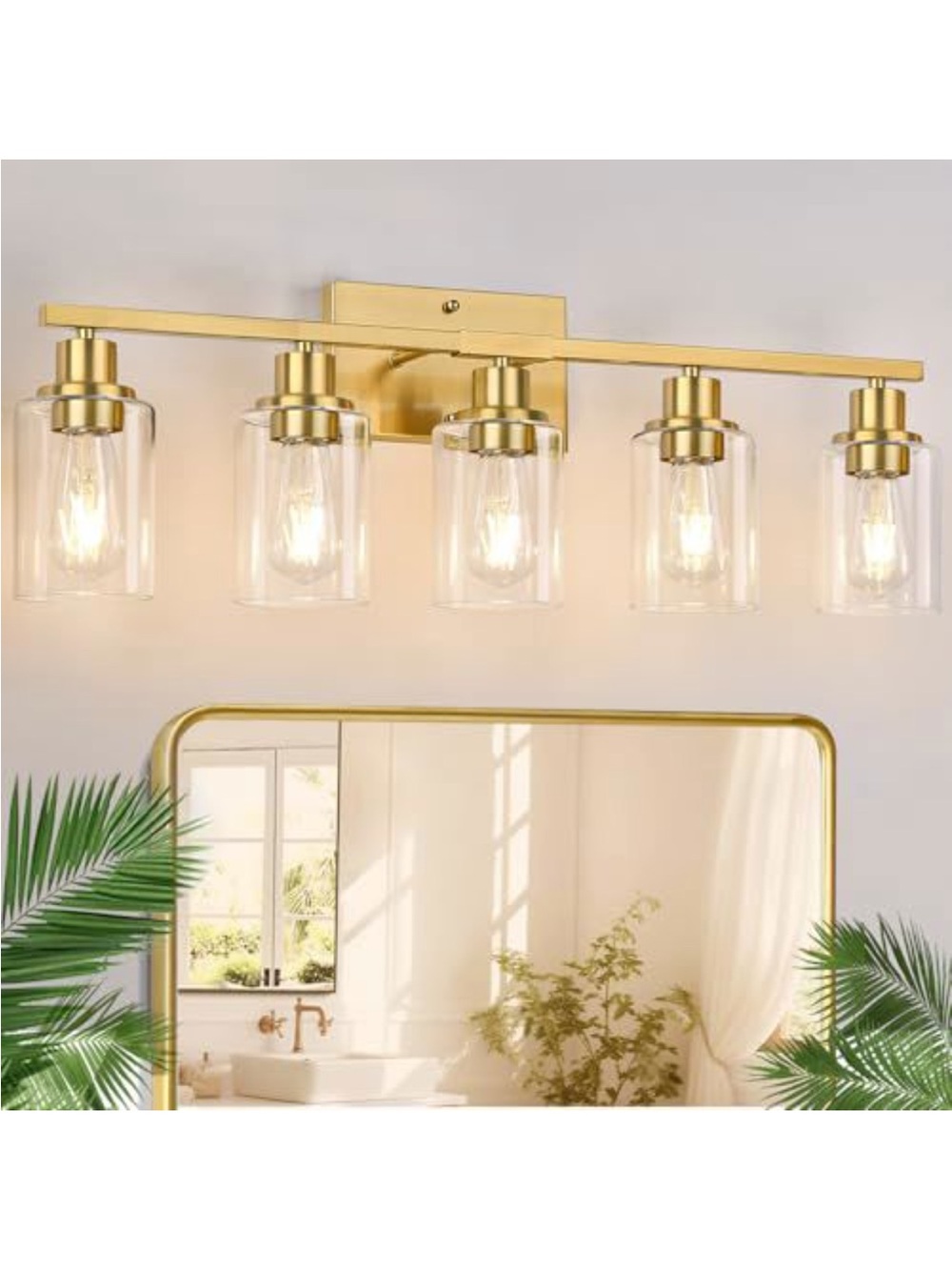Gold 5-Light Bathroom Vanity Light - Contemporary Clear Glass Shades